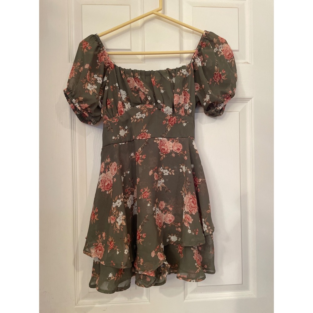 Justify‎ Women's Olive Green Floral Puff Sleeve Square Neck Mini Dress Size M